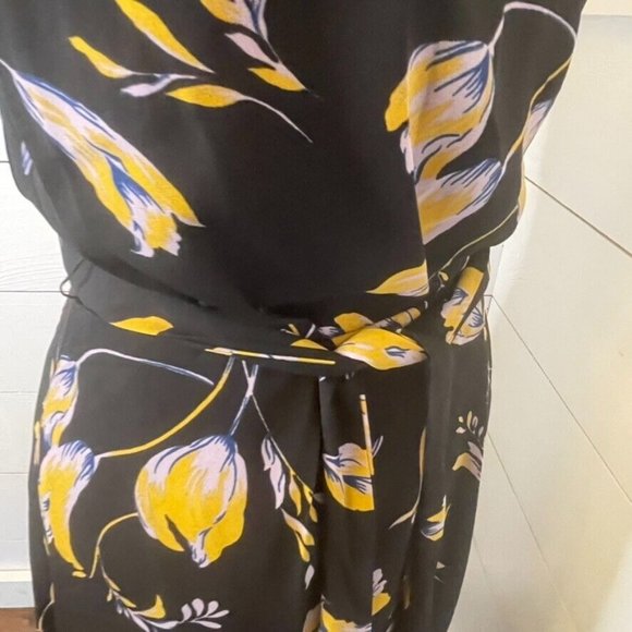 Modcloth Yellow Purple Black Floral Faux Wrap A Line Midi Dress Women's Size XXS - Picture 7 of 11